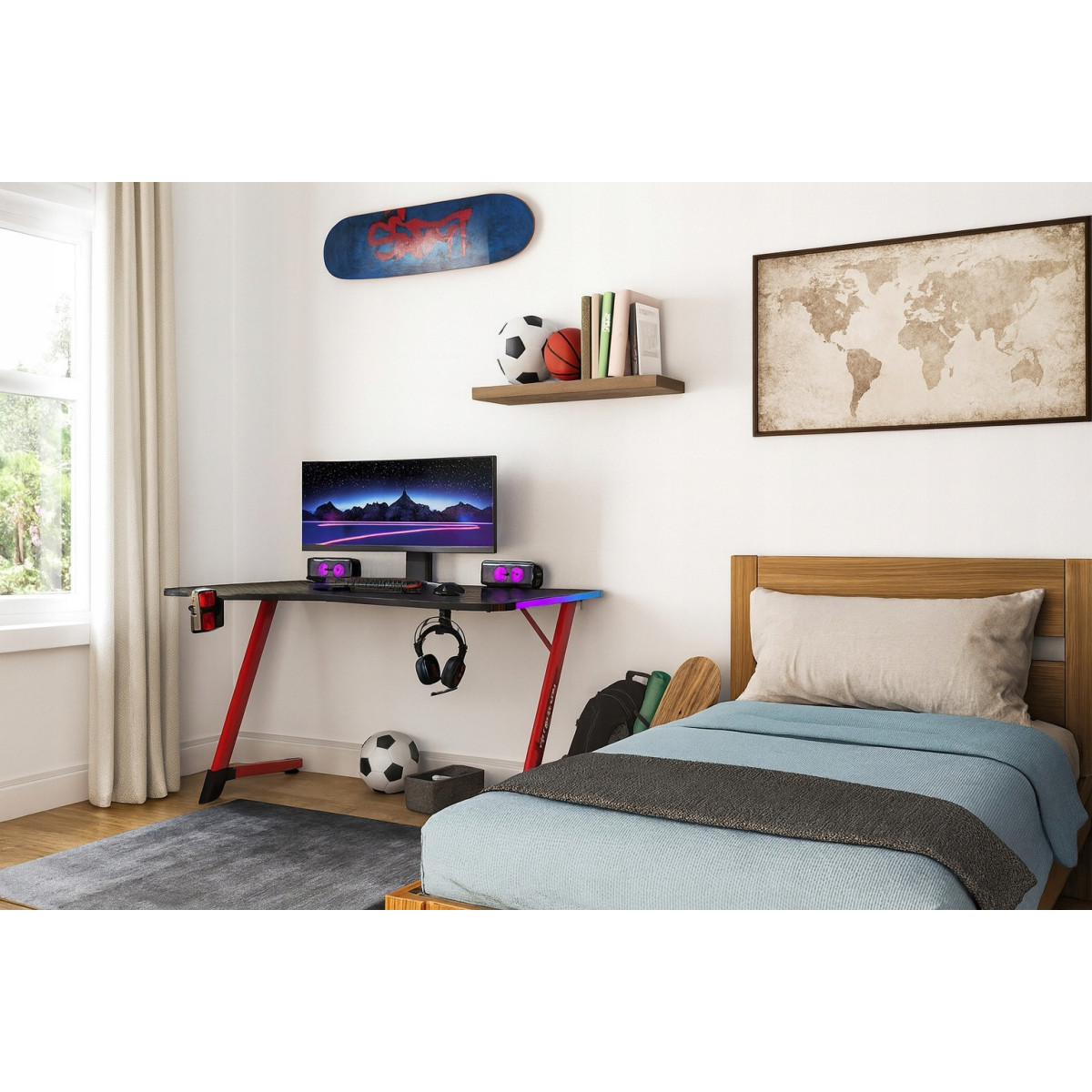 Masă de joc neagră cu picioare roșii, 120cm, led
