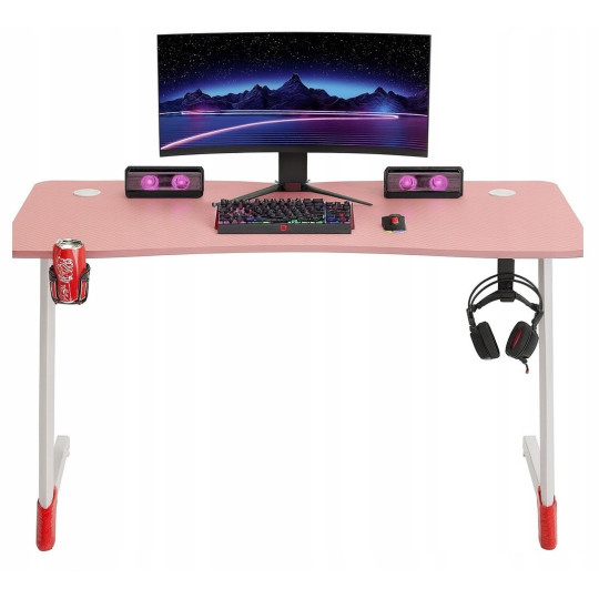 Masă de gaming roz cu iluminare LED, 140 cm
