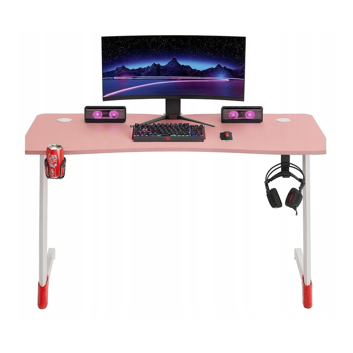 Masă de gaming roz cu iluminare LED, 140 cm