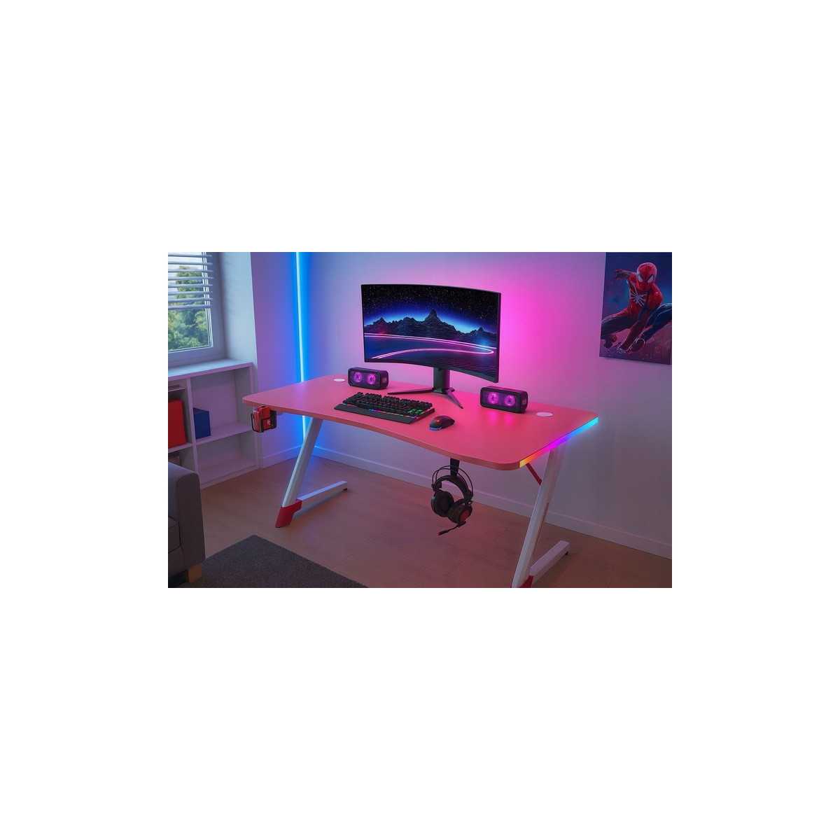 Masă de gaming roz cu iluminare LED, 140 cm