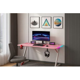 Masă de gaming roz cu iluminare LED, 140 cm