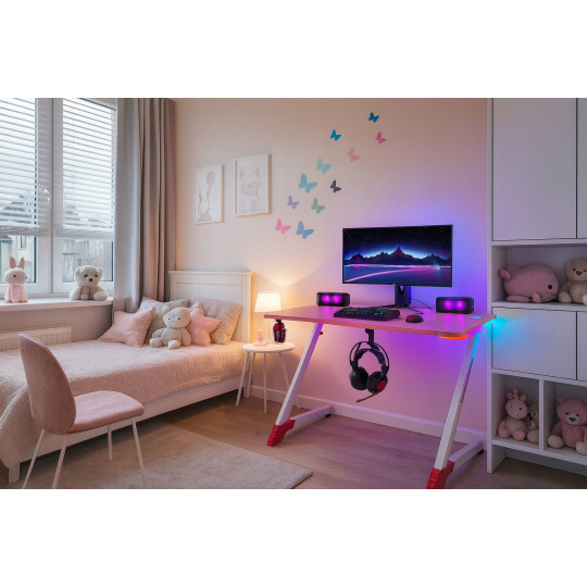 Masă de gaming stilată, roz, cu iluminare LED, 120 cm
