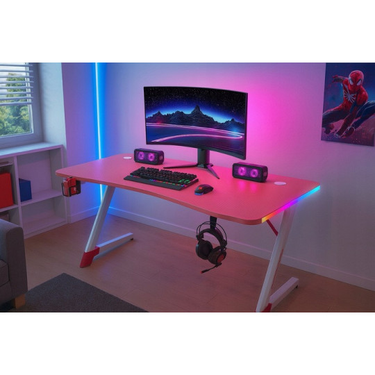Masă de gaming stilată, roz, cu iluminare LED, 120 cm