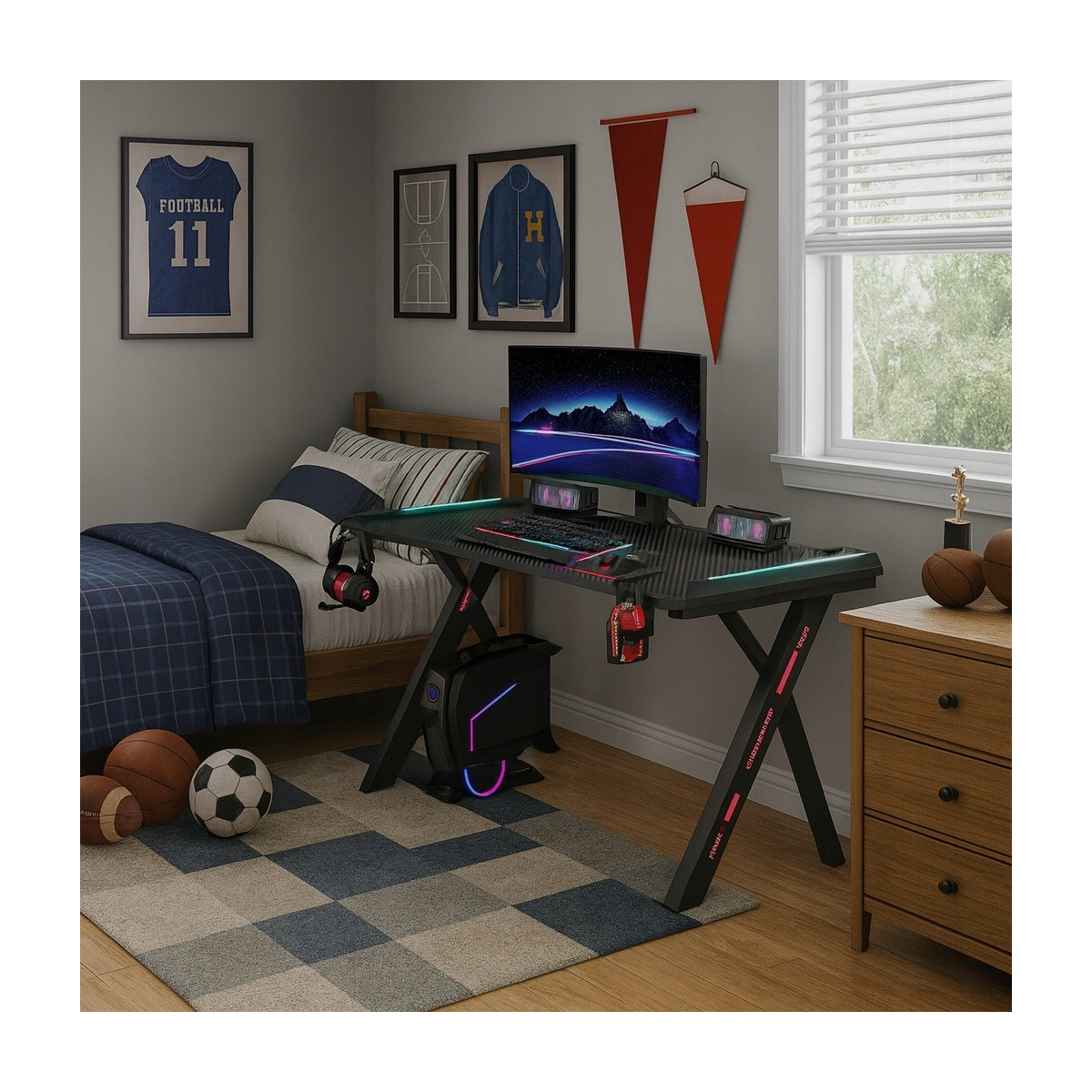 Masă de joc modernă cu iluminare LED, 120 cm, neagră