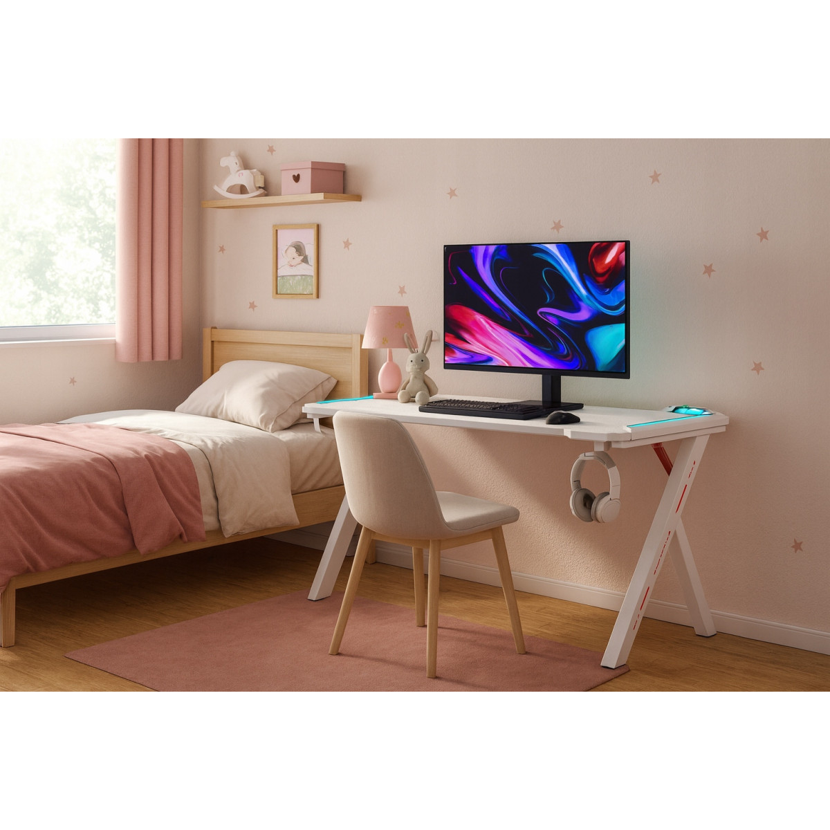 Masa de joc modernă de culoare albă, LED, 120cm