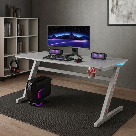 Masă de gaming modernă, stilată, de culoare albă, cu iluminare, 120 cm