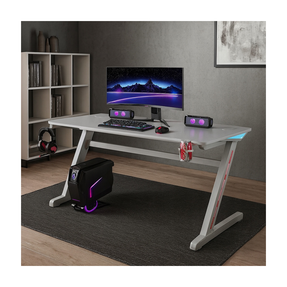 Masă de gaming modernă, stilată, de culoare albă, cu iluminare, 120 cm