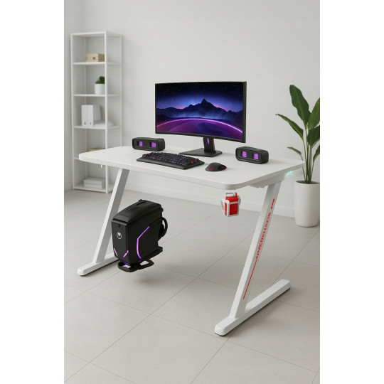 Masă de gaming modernă, stilată, de culoare albă, cu iluminare, 120 cm