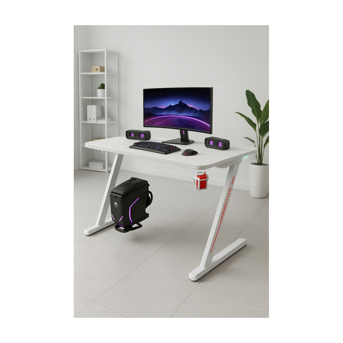 Masă de gaming modernă, stilată, de culoare albă, cu iluminare, 120 cm