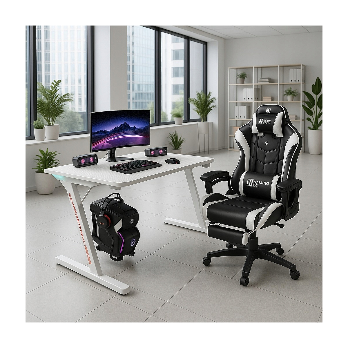 Masă de gaming modernă, stilată, de culoare albă, cu iluminare, 120 cm