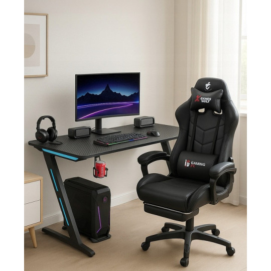 Birou de joc pentru computer cu iluminare de fundal, culoare neagră, 140 cm