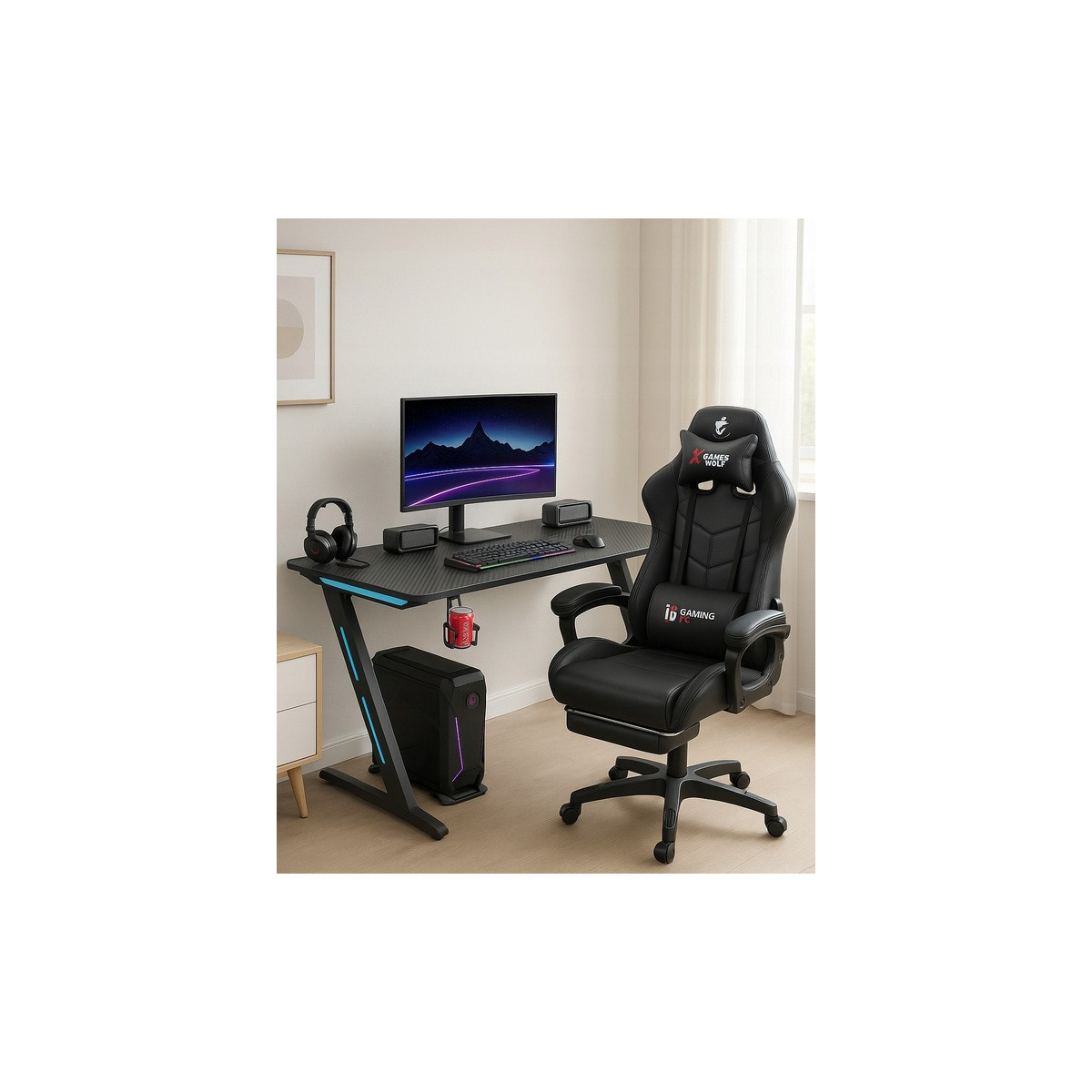 Birou de joc pentru computer cu iluminare de fundal, culoare neagră, 140 cm