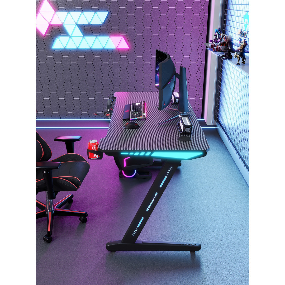 Birou de joc pentru computer cu iluminare de fundal, culoare neagră, 140 cm