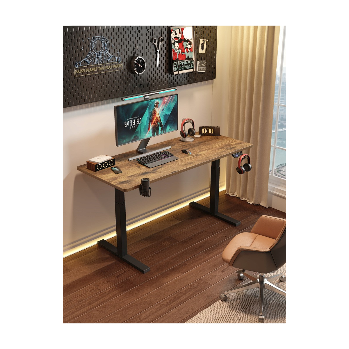 Masă reglabilă pe înălțime 120 cm – aspect industrial, iluminare LED