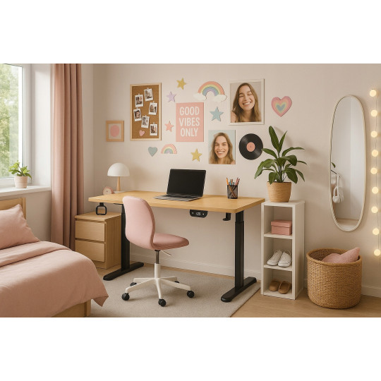 Masă reglabilă electric, 120cm, LED, arin cu picioare negre