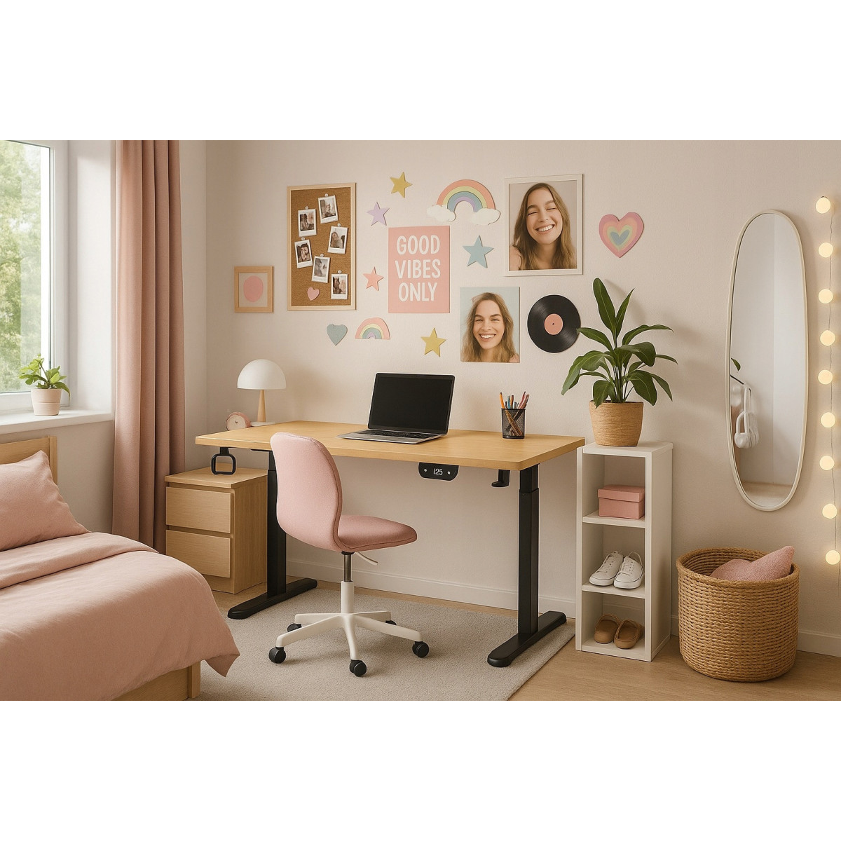 Masă reglabilă electric, 120cm, LED, arin cu picioare negre