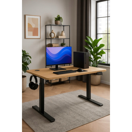 Masă reglabilă electric, 120cm, LED, arin cu picioare negre