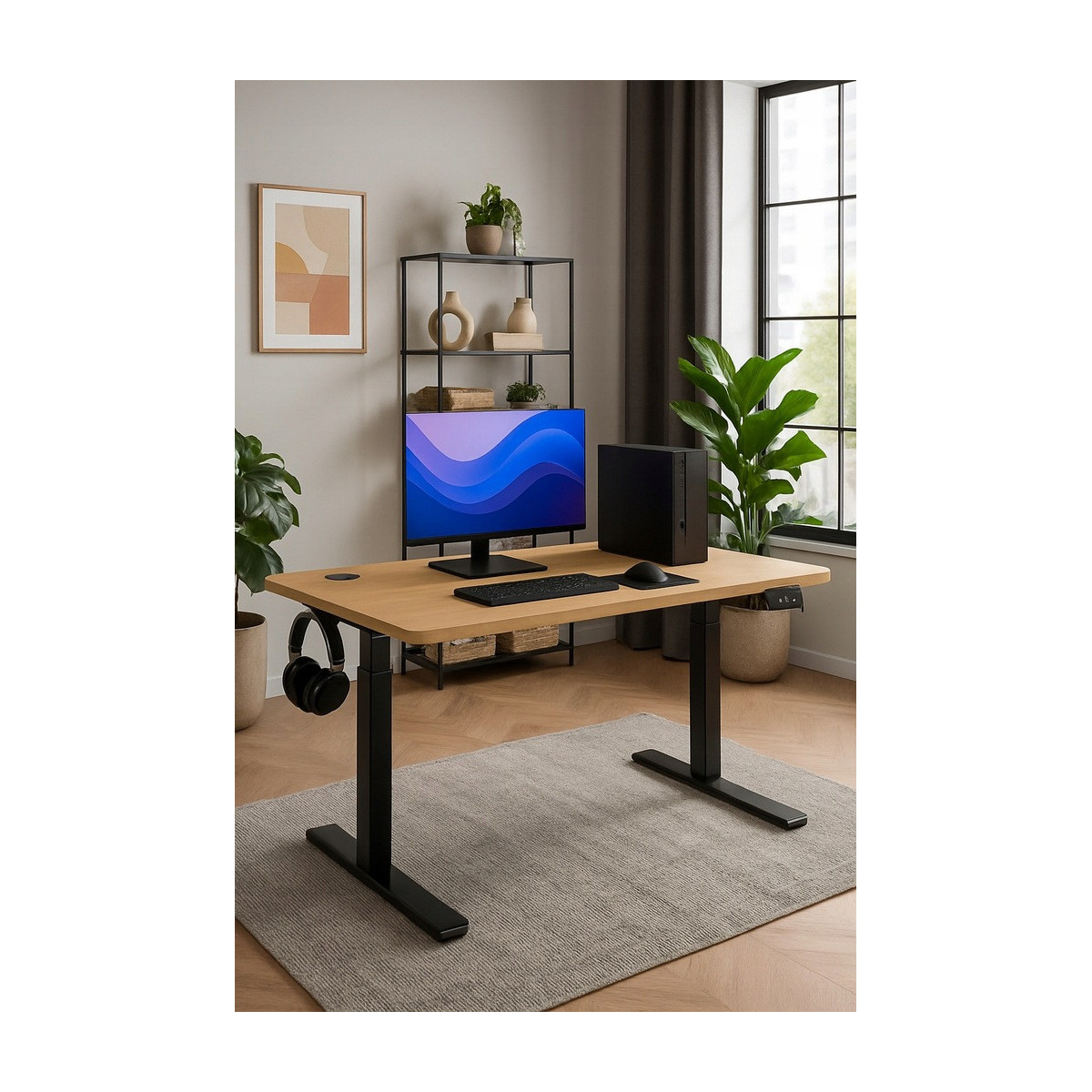 Masă reglabilă electric, 120cm, LED, arin cu picioare negre