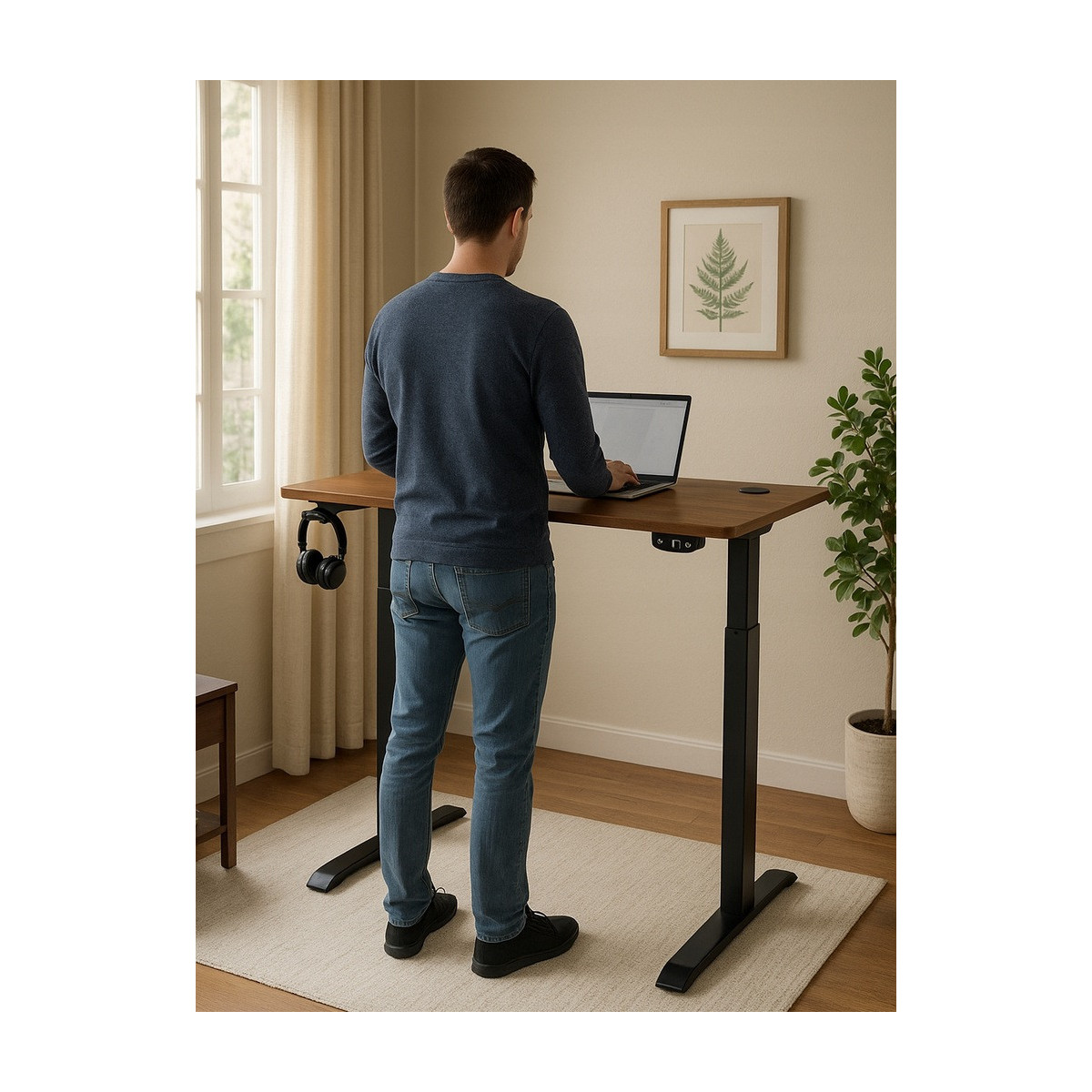 Birou de lucru reglabil pe înălțime, nuc, LED, 120cm