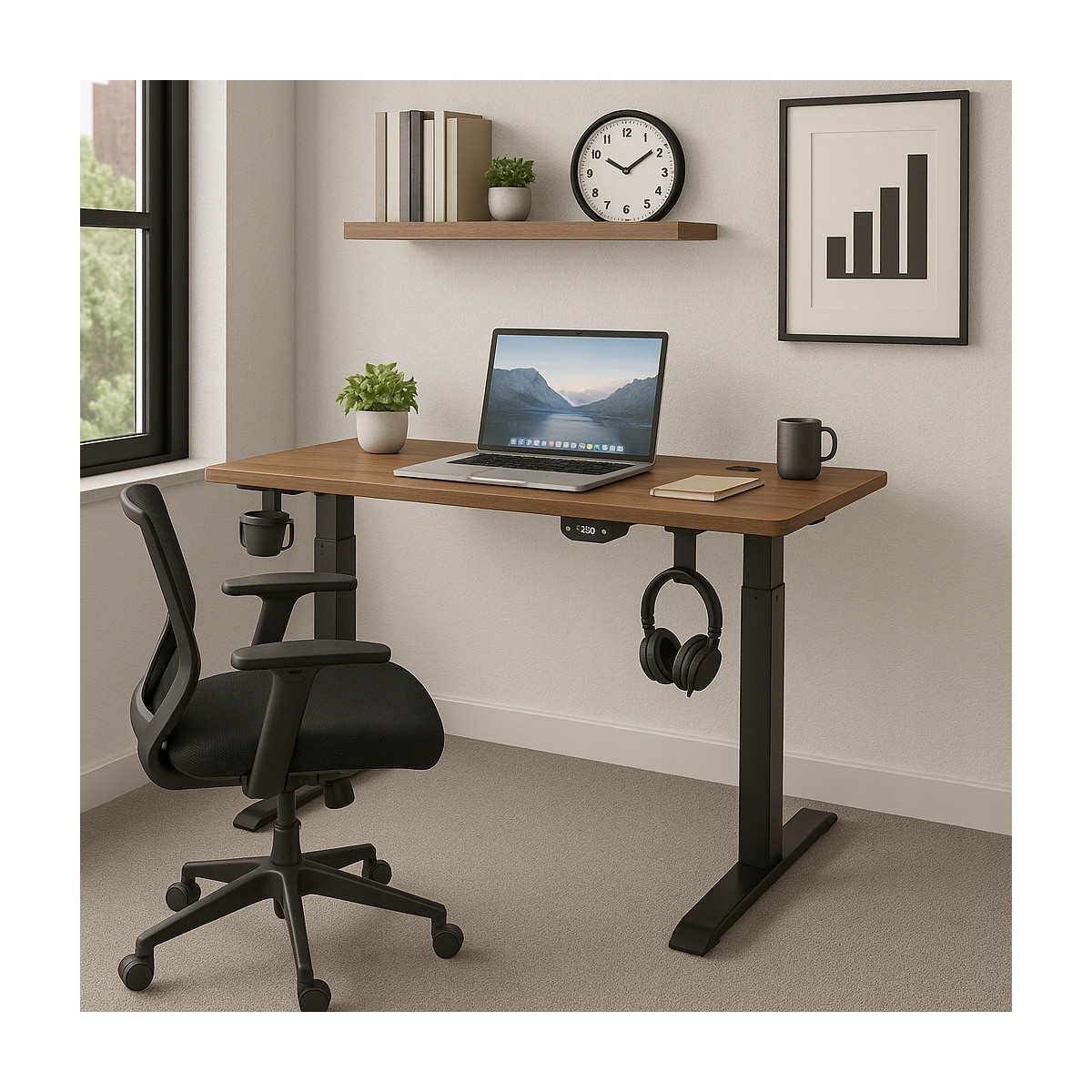 Birou de lucru reglabil pe înălțime, nuc, LED, 120cm