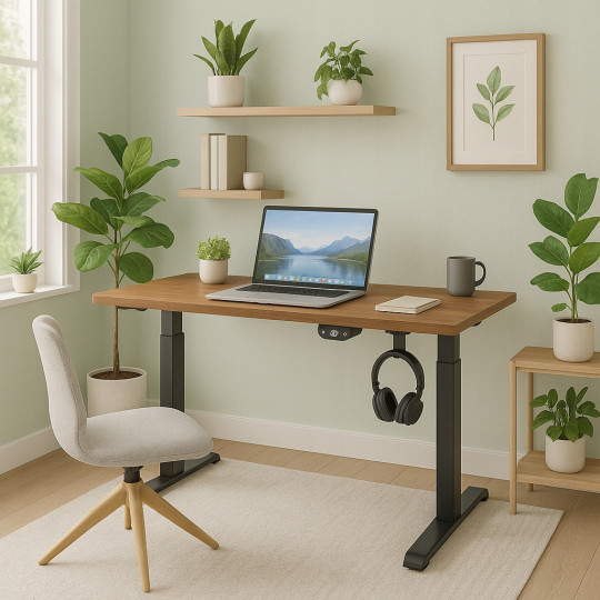 Masa de birou modernă, reglabile pe înălțime, nuc, LED, 140cm