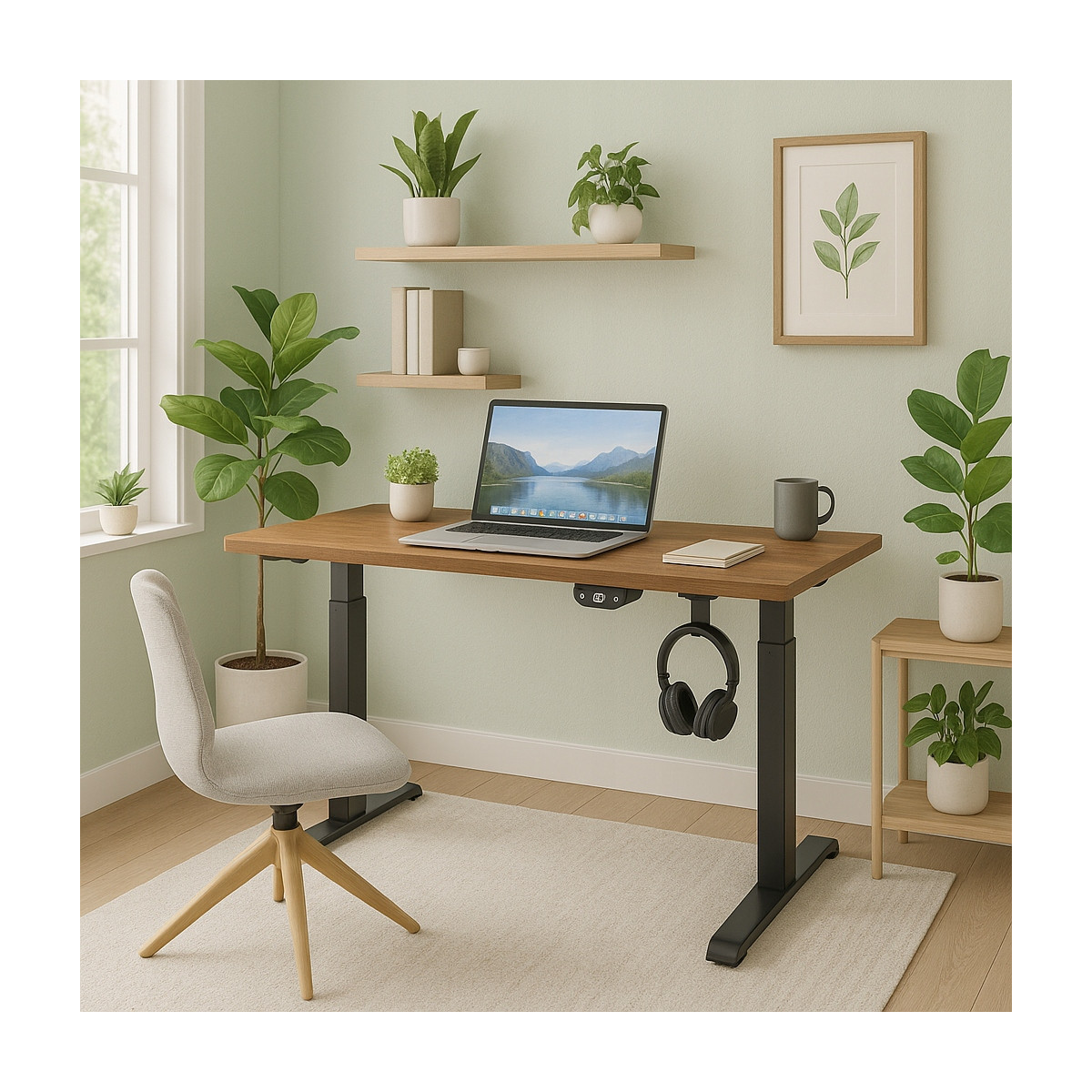 Masa de birou modernă, reglabile pe înălțime, nuc, LED, 140cm