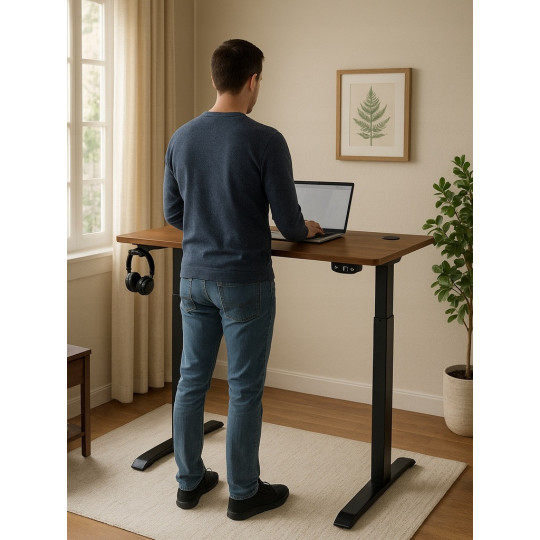 Masa de birou modernă, reglabile pe înălțime, nuc, LED, 140cm