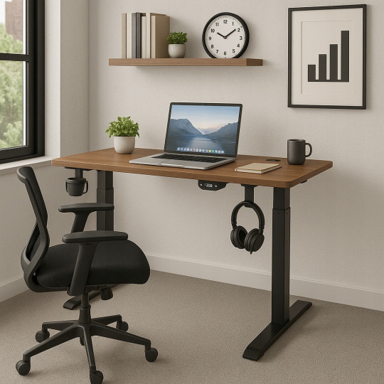 Masa de birou modernă, reglabile pe înălțime, nuc, LED, 140cm