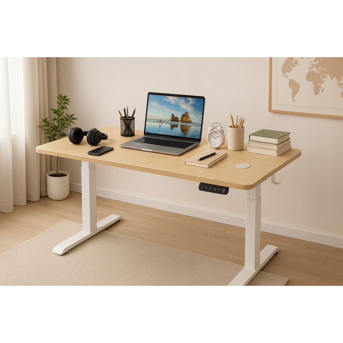 Masă electric reglată, 140 cm, LED, câmpie cu picioare albe