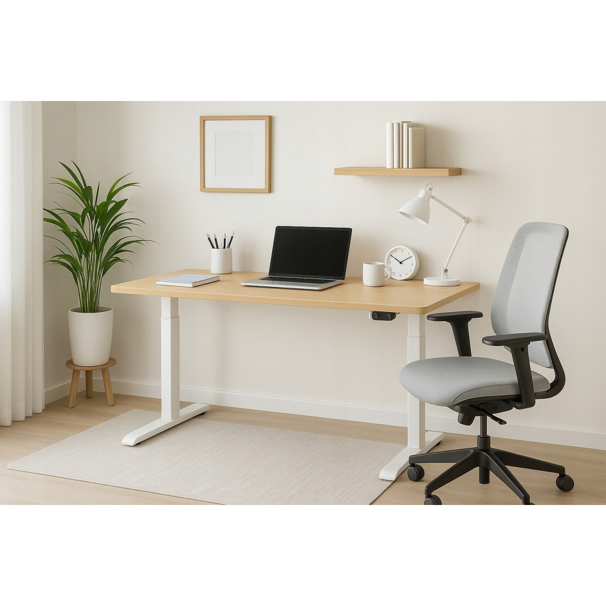 Masă electric reglată, 140 cm, LED, câmpie cu picioare albe