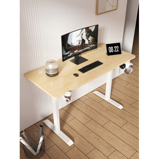 Masă electric reglată, 140 cm, LED, câmpie cu picioare albe