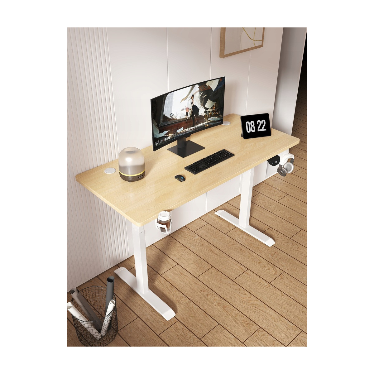 Masă electric reglată, 140 cm, LED, câmpie cu picioare albe