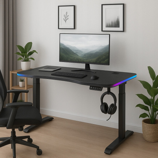 Masă reglabilă pe înălțime 140 cm – reglare electrică a înălțimii, neagră, iluminare cu LED