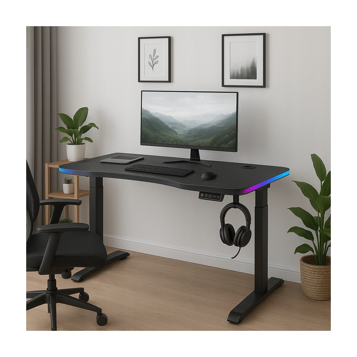 Masă reglabilă pe înălțime 140 cm – reglare electrică a înălțimii, neagră, iluminare cu LED