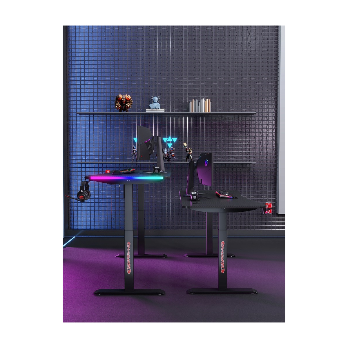 Masă reglabilă pe înălțime 140 cm – reglare electrică a înălțimii, neagră, iluminare cu LED