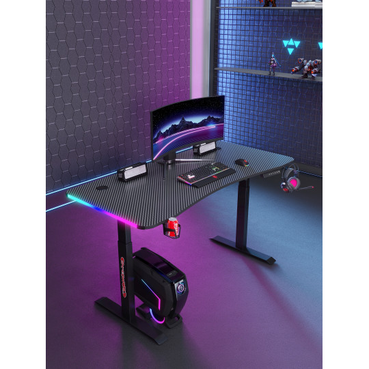 Masă reglabilă pe înălțime 140 cm – reglare electrică a înălțimii, neagră, iluminare cu LED