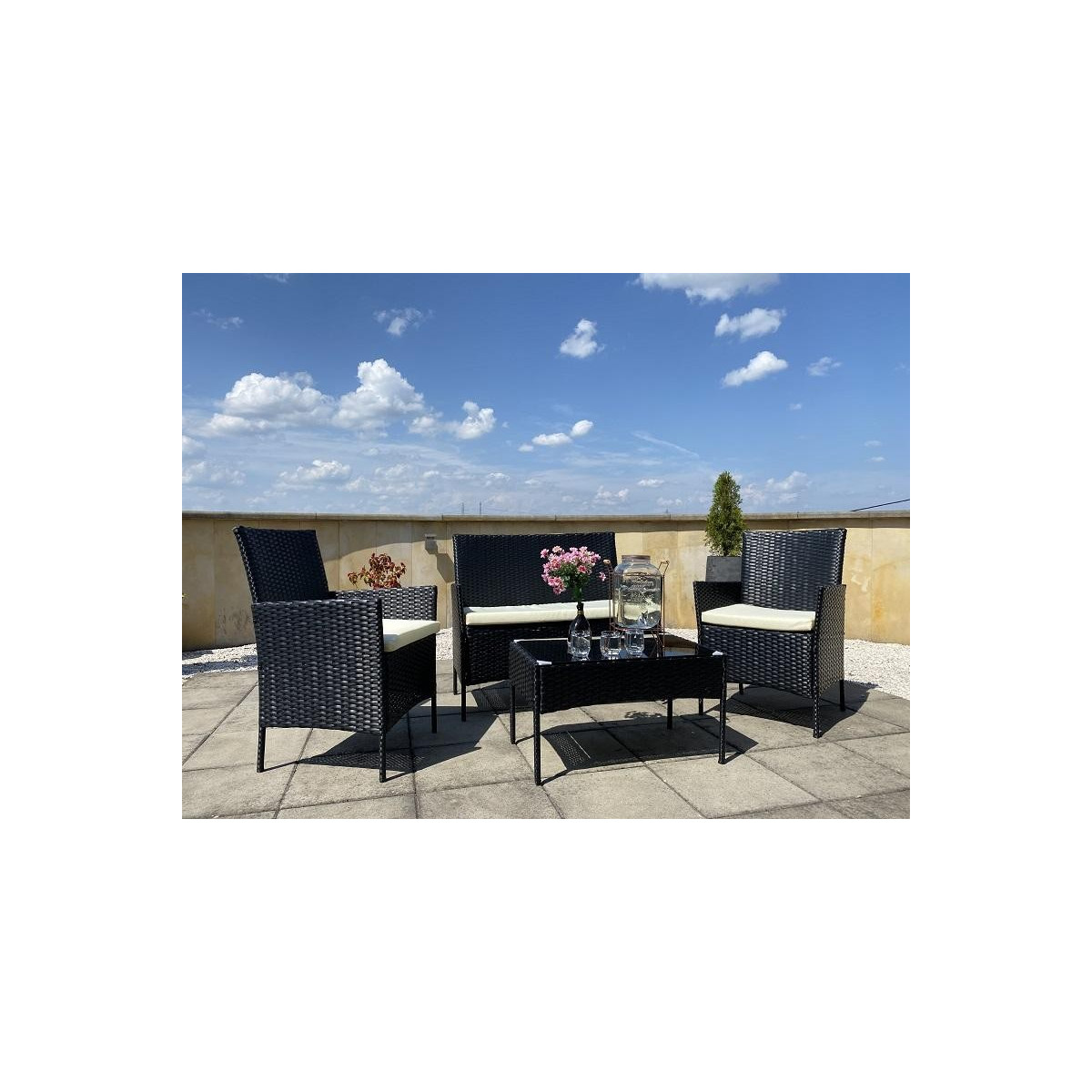 Mobilier de grădină din ratan negru cu perne
