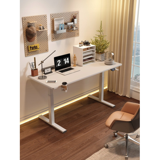 Masă electrică ajustabilă pe înălțime 120 cm, albă cu picioare albe, LED