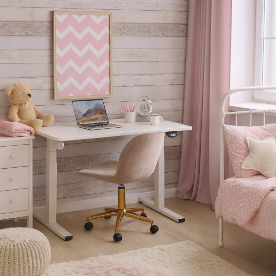 Masă electrică ajustabilă pe înălțime 120 cm, albă cu picioare albe, LED