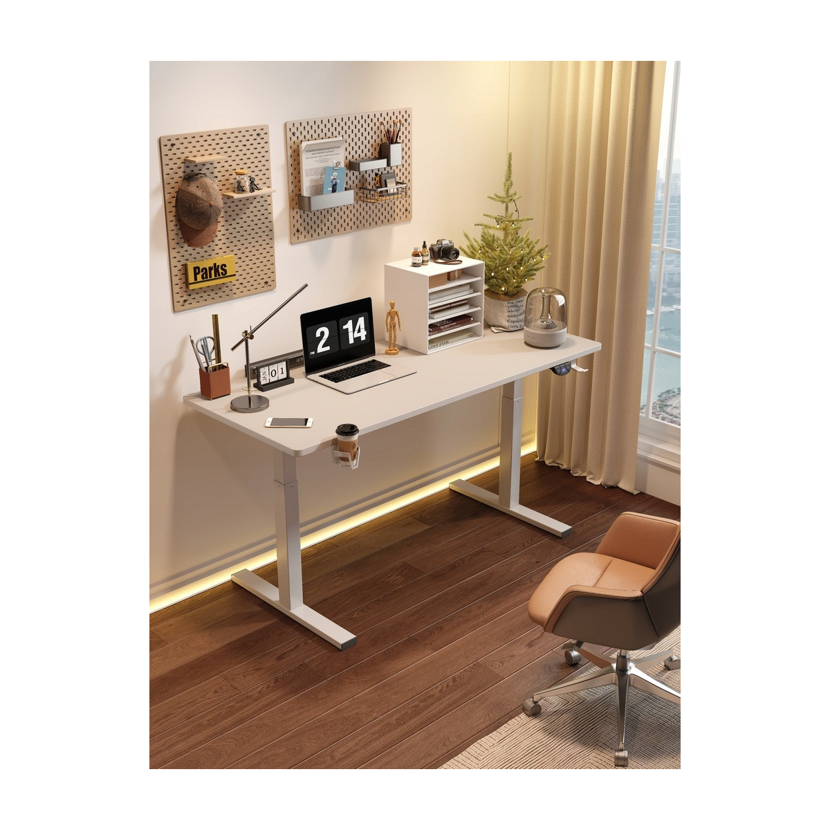 Masă electrică ajustabilă pe înălțime 140 cm, albă cu picioare albe, LED