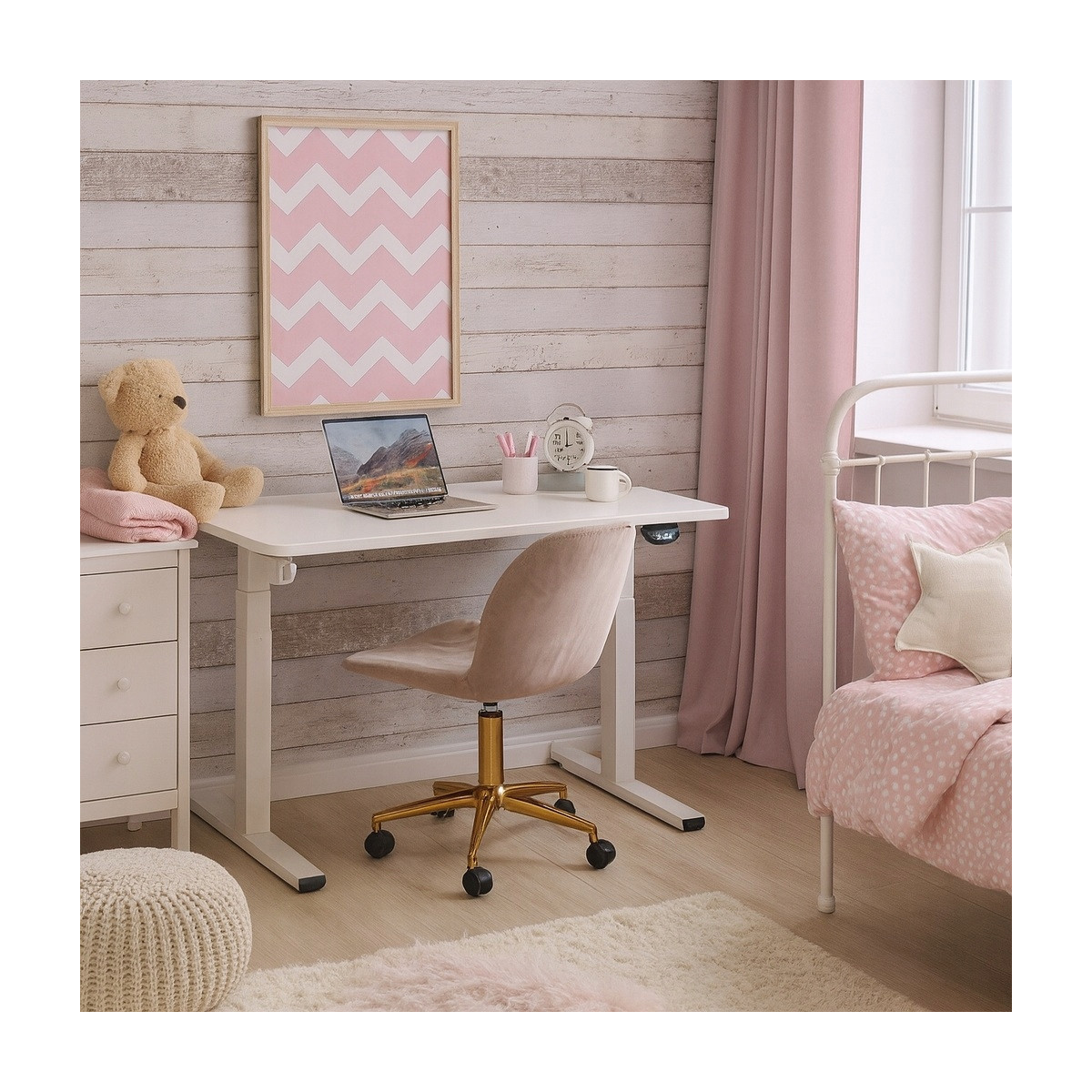 Masă electrică ajustabilă pe înălțime 140 cm, albă cu picioare albe, LED