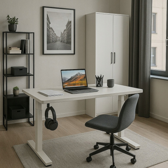 Masă electrică ajustabilă pe înălțime 140 cm, albă cu picioare albe, LED