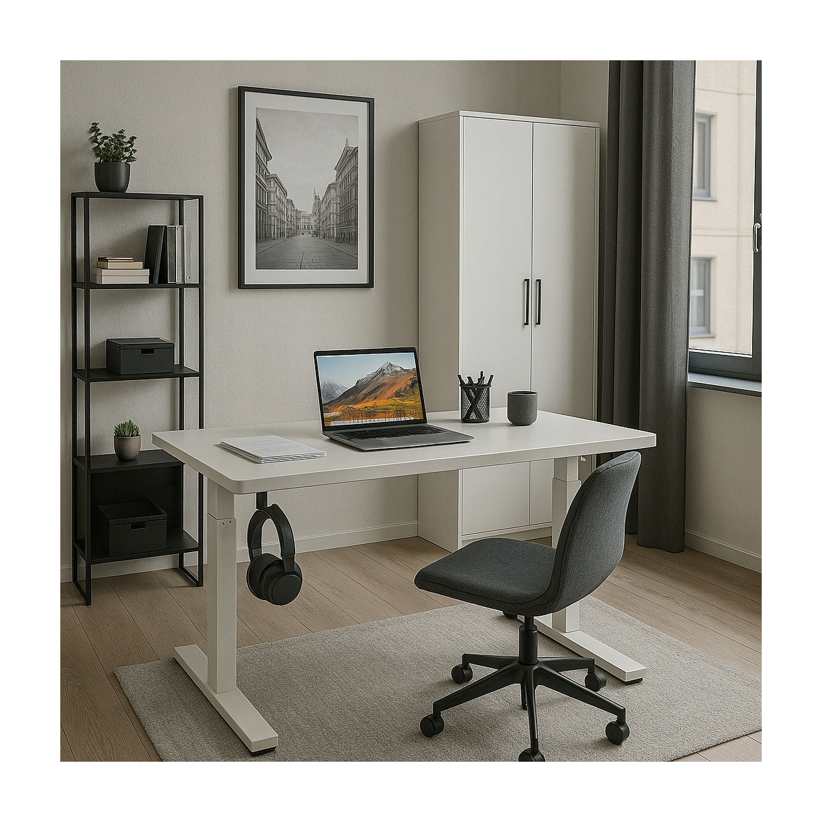 Masă electrică ajustabilă pe înălțime 140 cm, albă cu picioare albe, LED