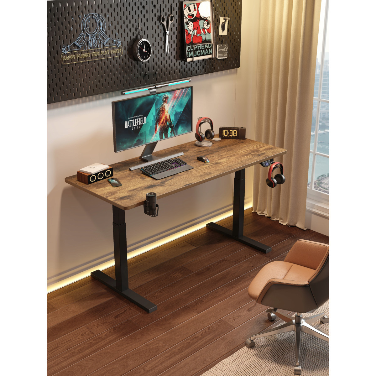 Masă de birou, cu înălțime ajustabilă, aspect industrial, 140 cm