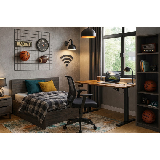 Masă de birou, cu înălțime ajustabilă, aspect industrial, 140 cm