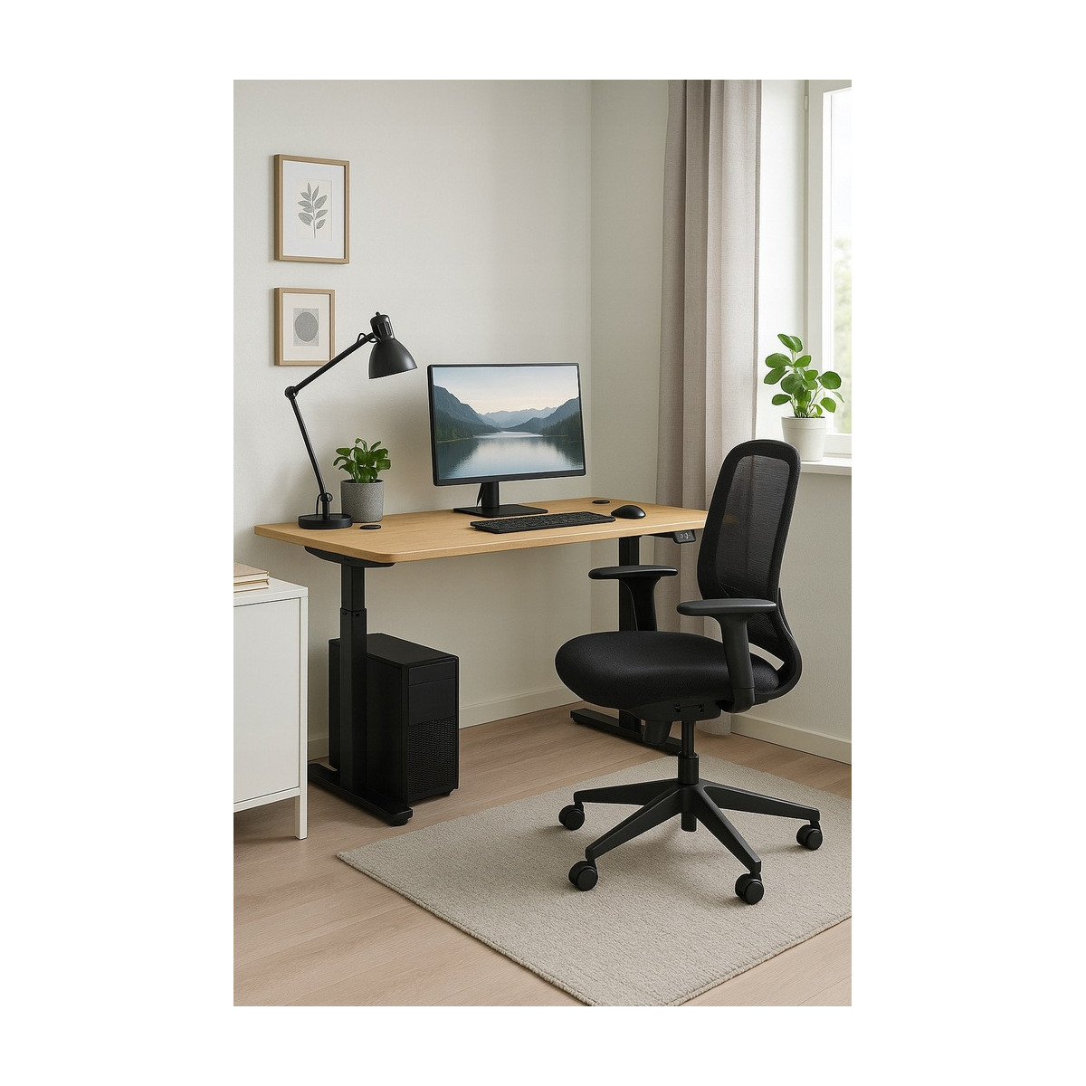 Masă reglabilă pe înălțime 120 cm, arin cu picioare negre, LED