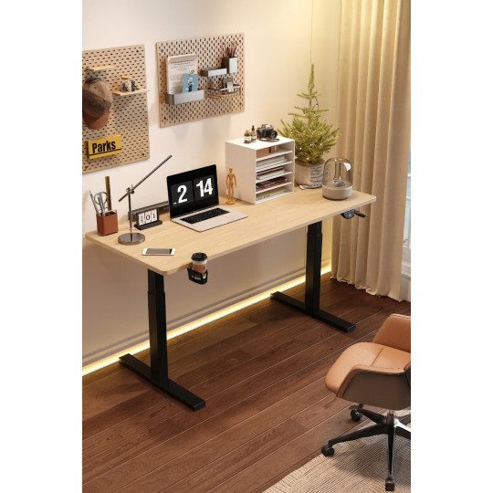 Masă ajustabilă pe înălțime 140 cm, frasin cu picioare negre, LED