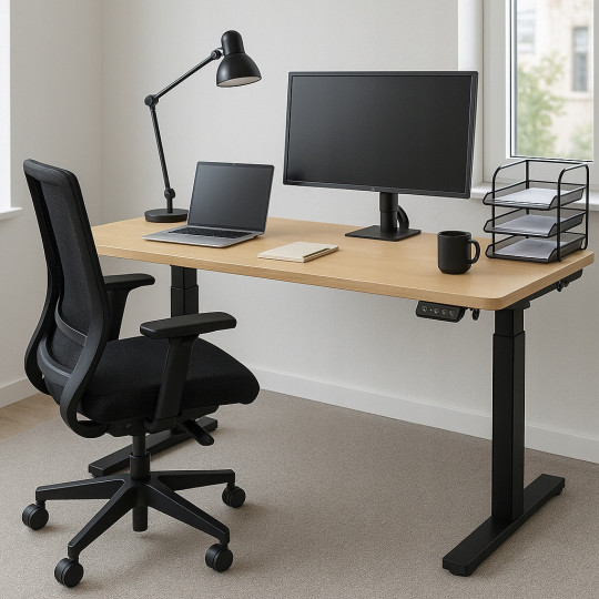 Masă ajustabilă pe înălțime 140 cm, frasin cu picioare negre, LED