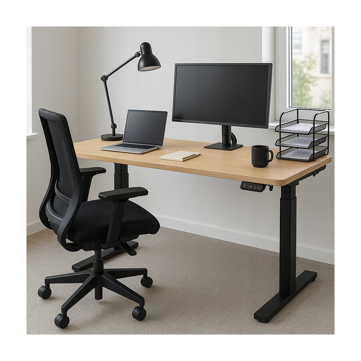 Masă ajustabilă pe înălțime 140 cm, frasin cu picioare negre, LED