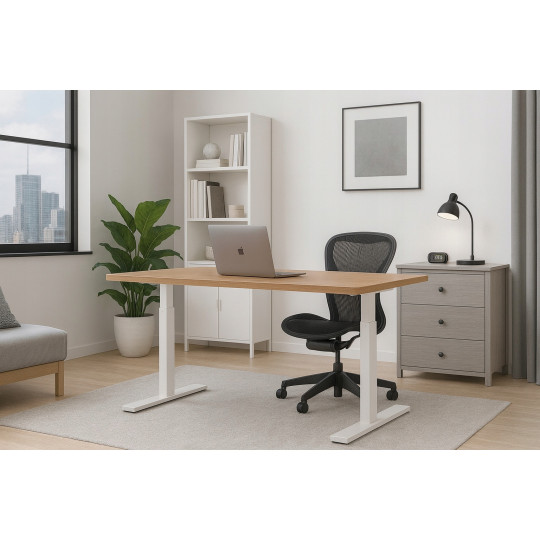 Birou computer ajustabilă 140cm, arin cu picioare albe, LED